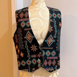 Deborah Murray Vintage Tapestry Southwestern Geometric Black Button Tie Back XS